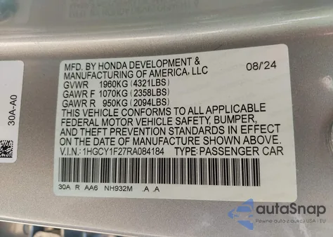 2024 Honda Accord Lx из США, поврежденный, VIN 1HGCY1F27RA084184